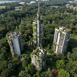 exploration drone photos of an abandoned solarpunk city which has been overgrown by a forest