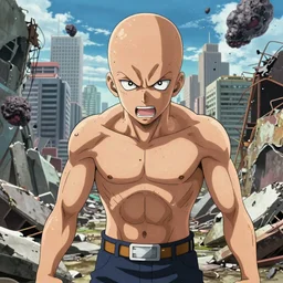 Realistic portait of Saitama raging to the camera, ruined anime city background, fallen meteor, hero, one punch man, movie shot, cinematic perspective, full hd, studio, Vibrant colors, 8k