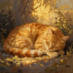 painting of an orange cat sleeping, golden hour