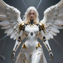 epic white and golden woman with Angel wings, futuristic , very detailed, dramatic laser lighting, detailed mechanical hands, electrical  details, high details, 4k, 8k, trending on artstation, by Hajime Sorayama and Boris Vallejo