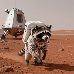 raccoon in a space suit walking on red martian terrain next to a spaceship, high detail, soft lighting