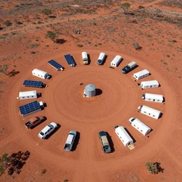 aerial drone photograph of a radially planned campsite on the transition of the australian red desert with pickup trucks, solar panels, water silo, tents and prefab medical center