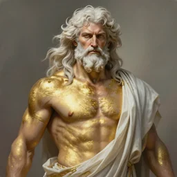 painted portrait of ruggedly handsome zeus, [ [ gold paint smeared on torso ] ] greek god by artgerm greg rutkowski craig mullins flowing white hair muscular physique masculine manly mature robe fantasy intricate elegant detailed digital painting concept art artstation sharp focus illustration