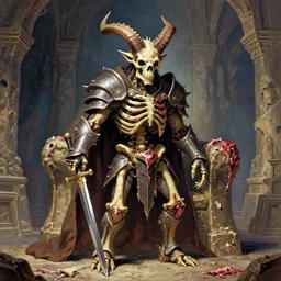 A little vibrant. A spiked horned detailed semiork-semihuman skeleton with armored joints stands in a large cavernous throne room with sword in hand. Wearing massive shoulderplates, cloak. Extremely high details, realistic, fantasy art, solo, masterpiece, bones, ripped flesh, colorful art by Zdzisław Beksiński, Arthur Rackham, Dariusz Zawadzki, Harry Clarke