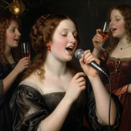 renaissance painting of girl singing in karaoke bar, red earrings, group of friends at party