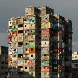 close - up view of brutalist building made up of colourful squatter shacks, faded colours, plain uniform sky, mamiya, very detailed, photographed by cristina de middel