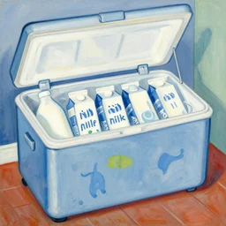 icebox with milk cartons, painting in the style of henri matisse.