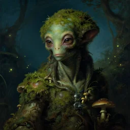 a close - up rococo portrait of an alien creature covered in moss, mushrooms, and swamp, 1 8 th century painting by jean - honore fragonard and moebius. fireflies, night time. gloomy blue green environment, blurry organic dark background. sci - fi fantasy renaissance masterpiece. artstation