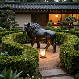 “Japanese garden overlooking a hedge maze with a large Minotaur inside walking around. Cozy light source. Photography by Wes Anderson”