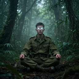 us soldier in vietnam era clothes, meditating above the ground in a dense jungle, eyes are bright lights, mystical fog surrounds them, spooky