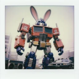 very realistic! photograph giant oversized battle rabbit robot chubby mech transformers retro boombox delorean mixed with mecha robot double decker with giant oversized ears and rabbit babies, in tokio, full body, cinematic focus, polaroid photo, vintage, neutral dull colors, soft lights, foggy mist, by oleg oprisco, by thomas peschak, by discovery channel, by victor enrich, by gregory crewdson