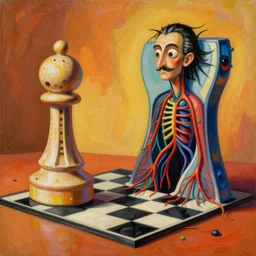 an extremely high quality hd surrealism warm painting of a 4 d perspective neon complimentary - colors cartoon surrealism melting sculpture composition of zaha hadid biological anatomical chesspiece by a much more skilled version of kandinskypicasso and salvia dali the fourth, salvador dali's much much much much more talented painter cousin, 8 k, ultra realistic, nerves, veins, arteries, 4 k