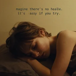 imagine there's no heaven. it's easy if you try. please, dream of a perfect world because i can't, i'm too tired and hurt to do it my self. hyper realistic, cinematic, warm light, gloomy mood, 4 k, film, in the style of michel gondry's videoclip