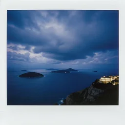 micro - hurricane, blue hour, early night, deep blue atmosphere, scattered islands, sea, ocean, low pressure system, cloud with eye, very windy, late evening, distant hotel retreat on cliffside, shining lights on cliff side, polaroid photograph