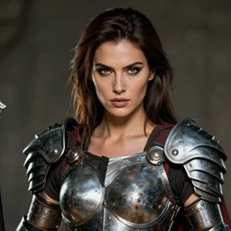 a close up portrait of a beautiful, iron - clad female warrior by dave greco