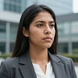 amazonian woman in business attire, closeup, stoic, realistic, high resolution, in office building
