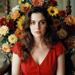 closeup portrait of a woman in a red dress, sitting in a throne of flowers, by Annie Leibovitz and Steve McCurry, natural light, detailed face, CANON Eos C300, ƒ1.8, 35mm, 8K, medium-format print