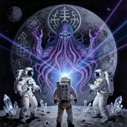astronauts worshipping cthulhu on the moon, lovecraft, demonic sigils, led lights, crystalline shimmers, laser beams, hatred, airbrush painting, royo,