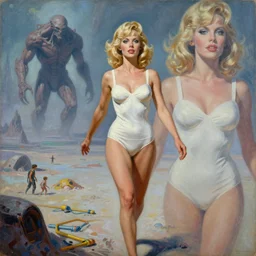 a mixed media painting of one very beautiful blonde woman fleeing from a distant colossus creature on an alien world, elegant, aesthetic!!! symmetrical face and eyes, sixties pinup, futuristic white space bikini, photorealistic, curvy, epic sci - fi character art, by frank frazetta, donato giancola, boris vallejo, greg rutkowski, christian macnevin