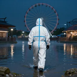 person wearing hazmat suit walking through a flooded theme park, ferris wheel in the distance, matte painting, flash photography, night
