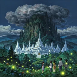 highly detailed illustration of giant a giant forest with fireflies and luminescent wild flowers and futuristic white temples at night with cummulonimbus clouds by makoto shinkai, by moebius, by oliver vernon, by joseph moncada, by damon soule, by manabu ikeda, by kyle hotz, by dan mumford, by otomo, 4 k resolution