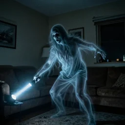 horror demon evil transparent spirit attacks in living room interior coloured photo close shot on iphone, palm - prints, dynamic pose, sharp focus, grainy, corpse, paranormal, long exposure, cinematic light, flashlight, night, total darkness, poltergeist, aberrations,