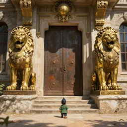 establishing shot, cinematic, character dwarfed by colossal brass lion statues, animation key shot of the great temple, ultra wide, door, stone steps, symmetrical statues, sunlight, ornate, rust, art deco, european, versailles, metal rivets, by the best artist, fantastic architecture, dry, dusty, dappled sunlight