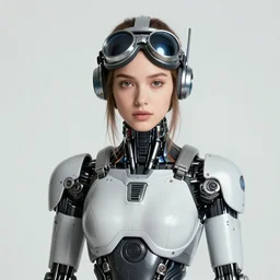 centered portrait photo of soulful young anna nicole smith as a solarpunk mecha humanoid robotic parts wearing goggles with bright lights, real human face, pudica pose, inside white room, ultra - realistic and detailed, 8 k