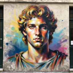 “Spray paint stencil portrait of a Greek God on the city wall, amateurish and colorful, but very good looking”