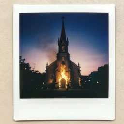 very beautiful grainy and gritty polaroid photo of a church on fire