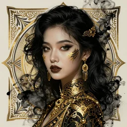 stylized retro beauty portrait black gold intricate details, smoke ink ornate geometric art