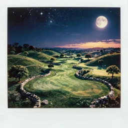 nocturnal moonlit mystical dreamike overview, panorama, aerial view. birds eye view of a perfect sprawling infinite elysian dreamlike green hilly pastoral astral psychedelic golf course with stone walls landscape with cherished trees, stone walls under cosmic stars, cosmic moonlight, stone walls, cherished trees, memory trapped in eternal time, golden hour, dark sky, evening starlight, peaceful haunted vintage glitch psychedelic painted polaroid by hiroshi yoshida