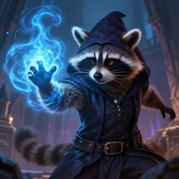 closeup, highly detailed digital illustration portrait of hooded necromancer sly cooper rocket the raccoon casting a magical energy sparkling blue glowing spell in an ancient castle, action pose, d & d, magic the gathering, by rhads, frank frazetta, lois van baarle, jean - baptiste monge, disney, pixar,