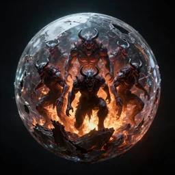 space, floating crystal ball containing brutal demon army, dark, gritty, damaged, hellfire, cinematic light, internal glow