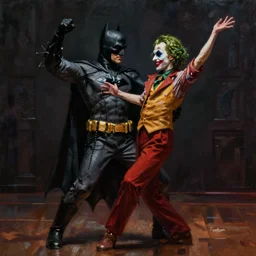 Batman and Joker dance together，atmospheric lighting, masterpiece, award winning painting by Emmanuel Lubezki