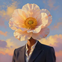 closeup, a giant flower as head, black woman in suit, surreal photography, golden hour, colorful clouds, impressionist painting, digital painting, artstation, simon stalenhag