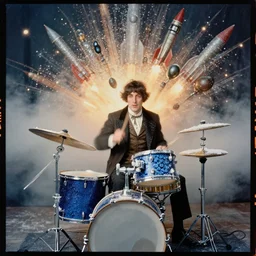 kodak portra 4 0 0, wetplate, muted colours, blueberry, drum set, trumpet, christalized, 1 9 1 0 s style, motion blur, portrait photo of a backdrop, explosions, rockets, bombs, sparkling, glitter, snow, fog, steampunk, by georges melies and by britt marling