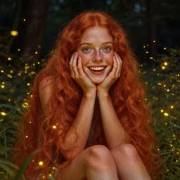 infp young woman, smiling amazed, golden fireflies lights, sitting in the midst of nature fully covered, long loose red hair, intricate linework, green eyes, small nose with freckles, oval shape face, realistic, expressive emotions, dramatic lights spiritual scene, hyper realistic ultrafine art by michael cheval, jessica rossier, boris vallejo