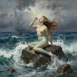 oil painting of siren sitting on a rock being lashed by waves and singing, stormy weather, ocean