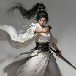 a highly detailed illustration of fierce messy ponytail black haired one armed!!! delinquent woman wearing long white tokkoufuku cape, dramatic wielding sword pose, muscular, intricate, elegant, highly detailed, centered, digital painting, artstation, concept art, smooth, sharp focus, league of legends concept art, wlop.