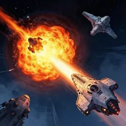fireball shooting from sci - fi spaceship at enemy sci - fi spaceship, stylized cover art