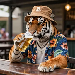 a tiger wearing a bucket hat and a hawaii shirt sitting at an outdoor bar drinking a beer