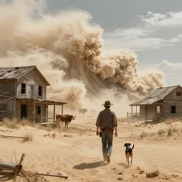 guy and his dog walking in an abandoned cow - boy town covered by sand, heavy wave, hyperdetailed, artstation, cgsociety, 8 k