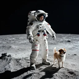 one astronaut with his daughter and their astronaut dog on the moon, beautiful dynamic lighting, cinematic, wide angle establishing shot, extremely high detail, photo realistic, cinematic lighting, post processed, concept art, artstation, matte painting, style by frederic church, raphael lacoste, unreal engine 8 k