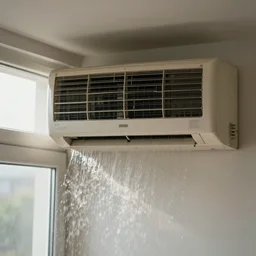 an air conditioner above a window in a teenager's room flooding dirty water, blurred, faded, depth of field, sunny, ultra realistic, very detailed, by gerhard richter, neo rauch and nadav kander, 8 k hyper realistic detailed cinematic still