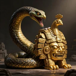 a monstrous snake crushing a giant gold anthropomorphic aztec peacock idol, scene by greg rutkowski, wlop, artgerm, dramatic lighting, strong shadows, volumetric, cinematic atmosphere, octane render, artstation, 8 k