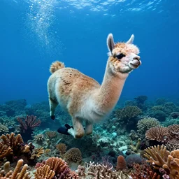an alpaka under water dives through a coral reef, 8k photography