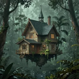 floating mansion in a rainforest in the style of zdzislaw beksinski, digital art