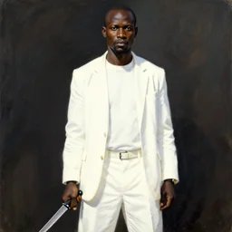 a thirty year contract killer in all white. he is a sophisticated from africa. he is holding a knife. art by gaston bussiere.