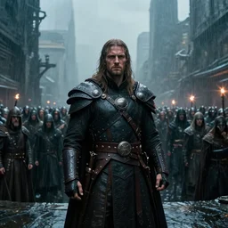 an arrogant sardaukar standing in front of a large group of people under the rain | dystopian city | still frame from the prometheus movie by alejandro jodorowsky with cinematogrophy of christopher doyle and art direction by hans giger, ultra wide 1 2 mm lens, anamorphic lens flares, 8 k, sharp focus